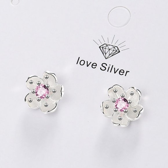 #NEW 925 Sterling Silver Diamond Cherry Blossom Stud Earrings - Picture 4 of 4